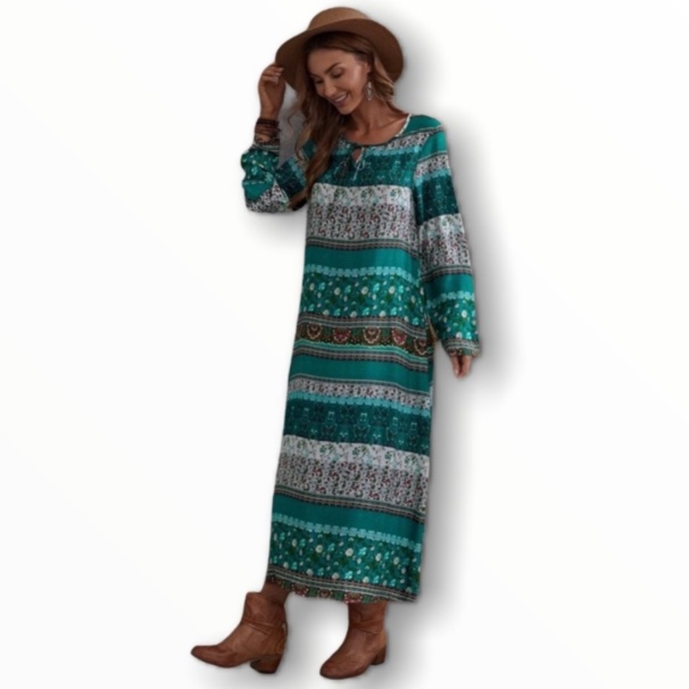 #235 Modest Tribal Floral Long Sleeve Dress - Picture 11 of 17